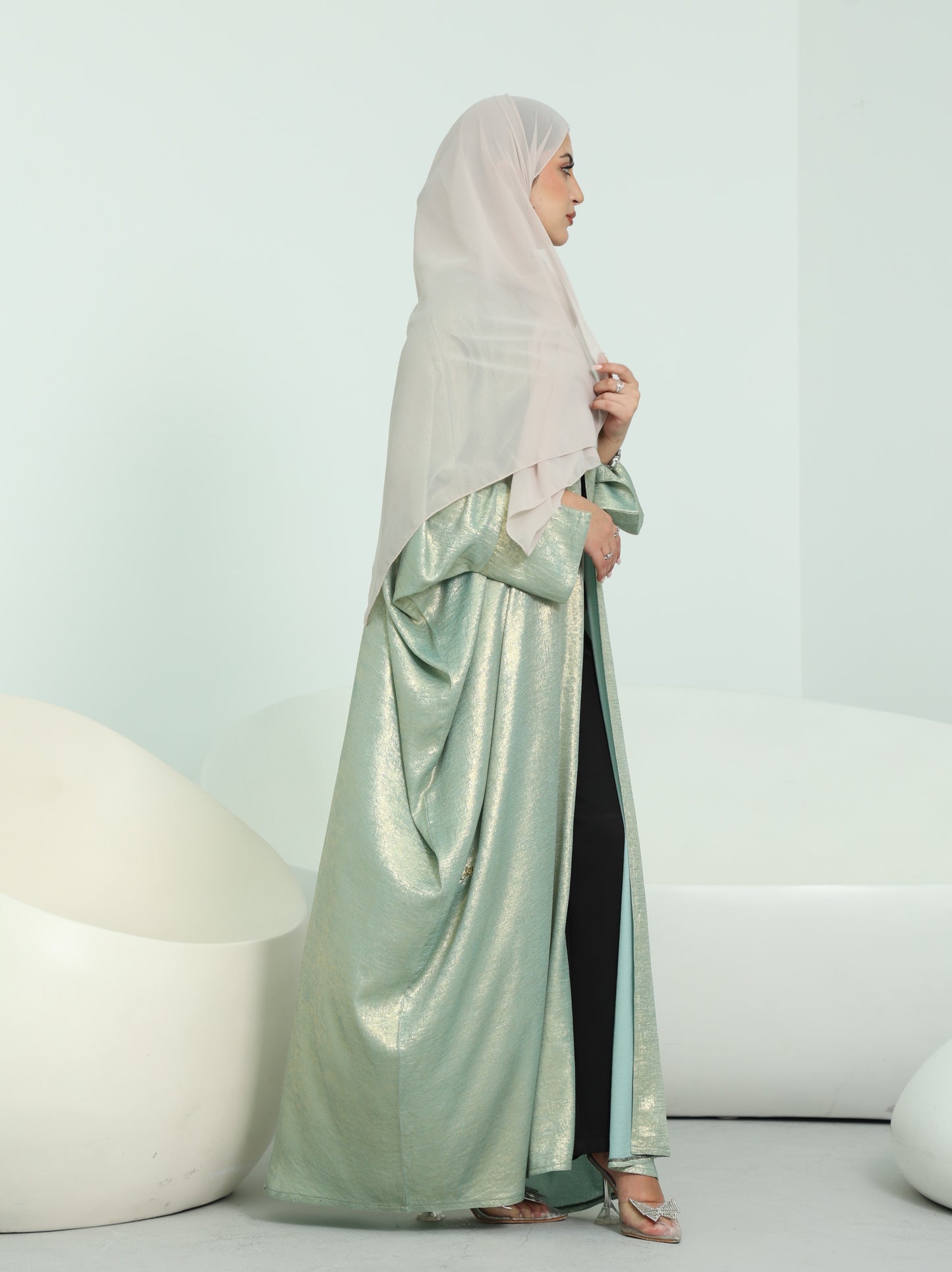 Shimmer Open Abaya | Mint