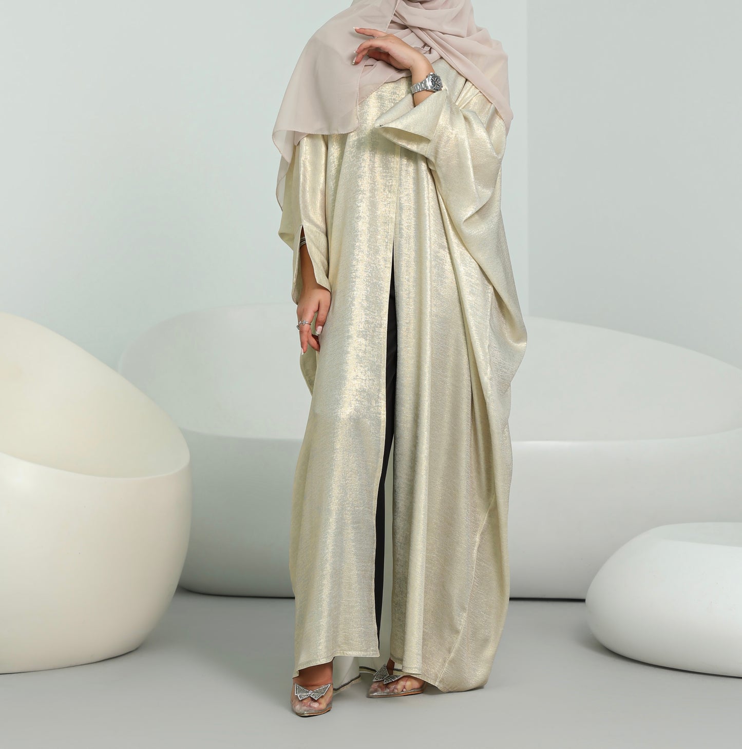 Shimmer Open Abaya | Cream