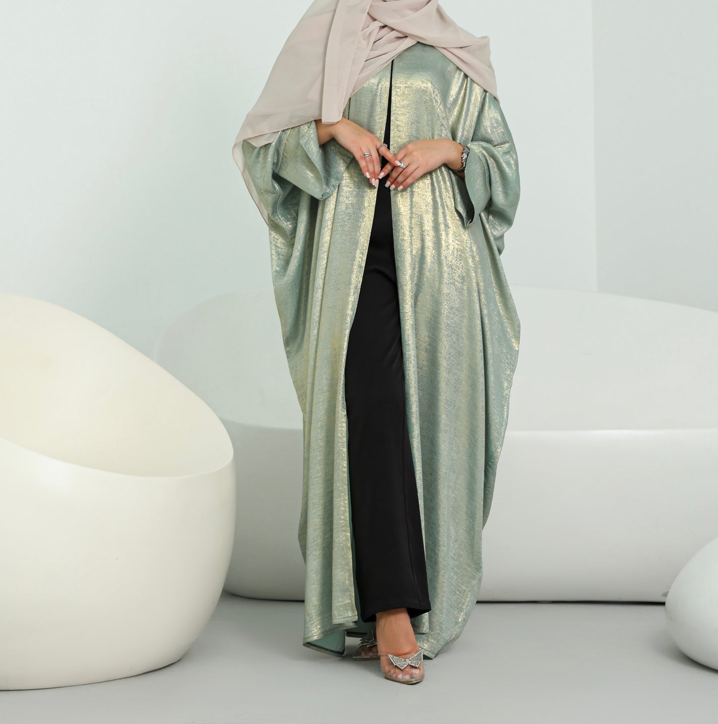 Shimmer Open Abaya | Mint