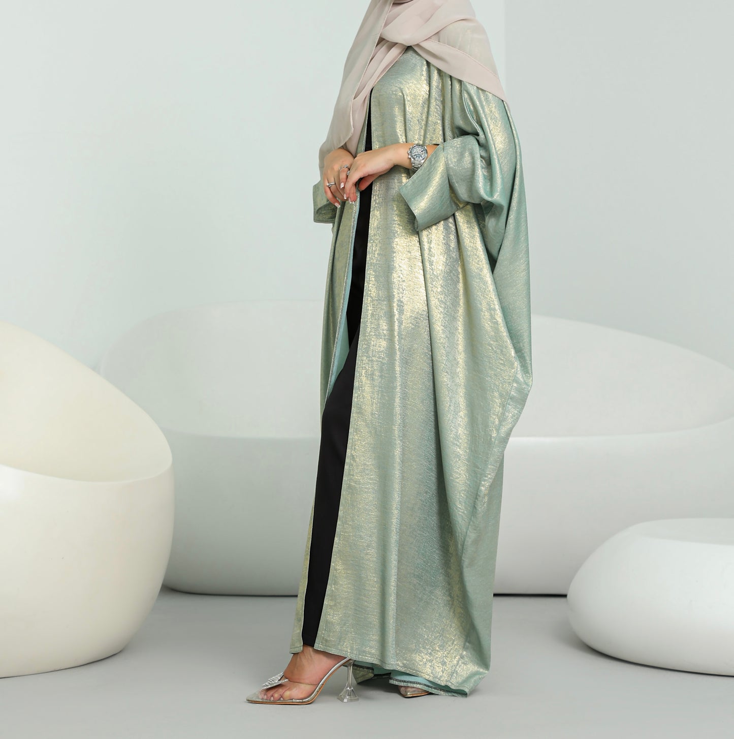 Shimmer Open Abaya | Mint
