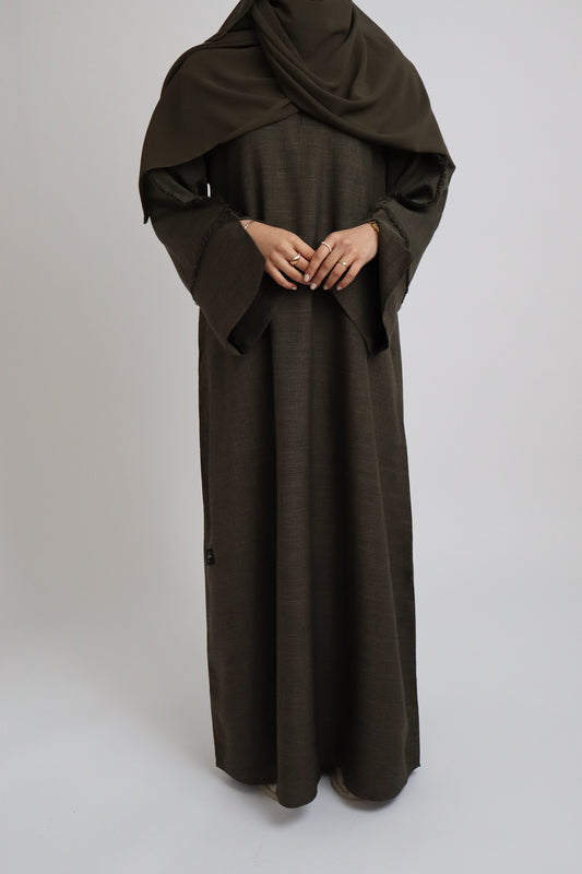 Linen Fringe Abaya | Olive