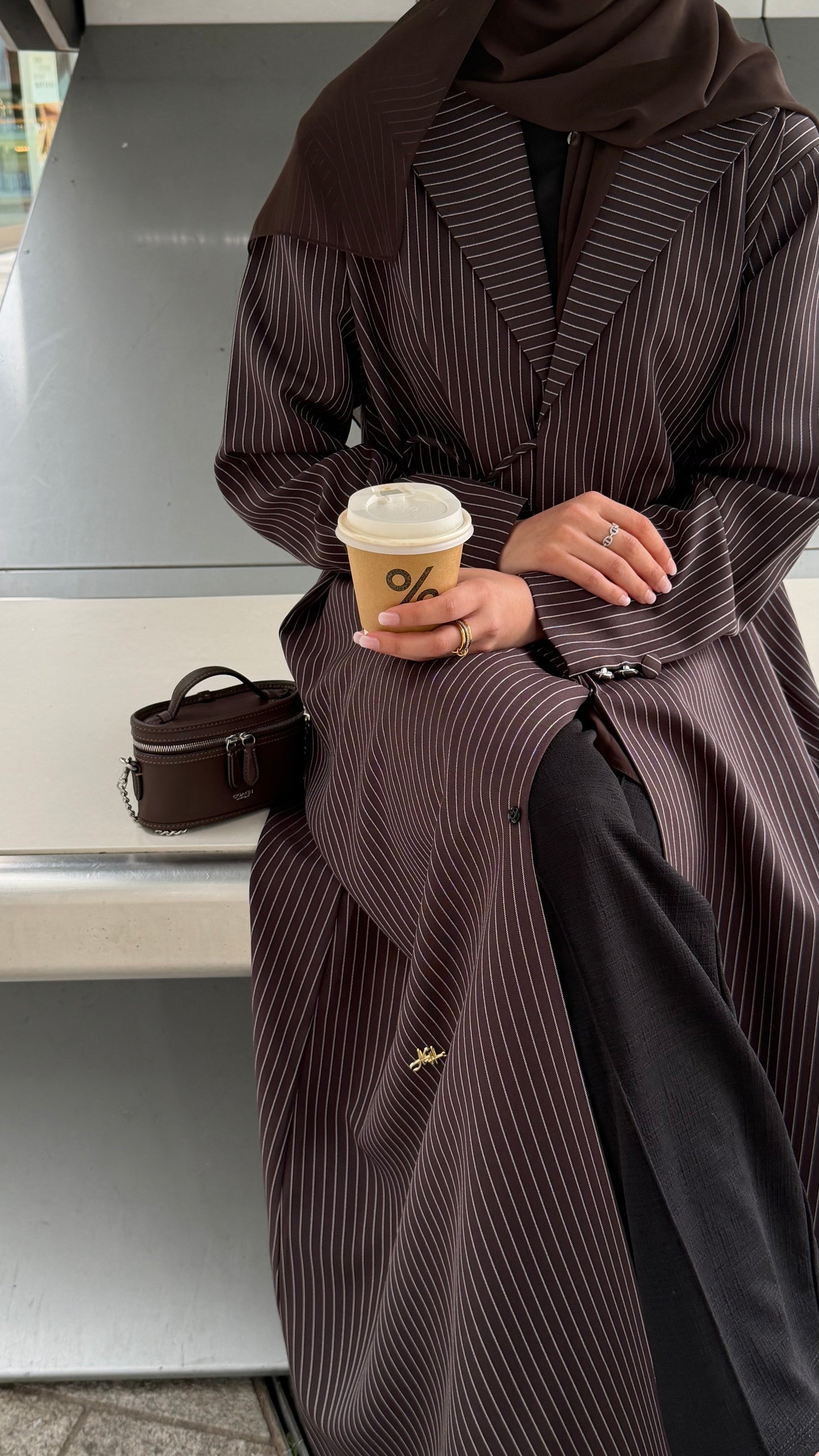 Pinstripe Tie Abaya | Brown
