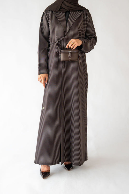 Pinstripe Tie Abaya | Brown