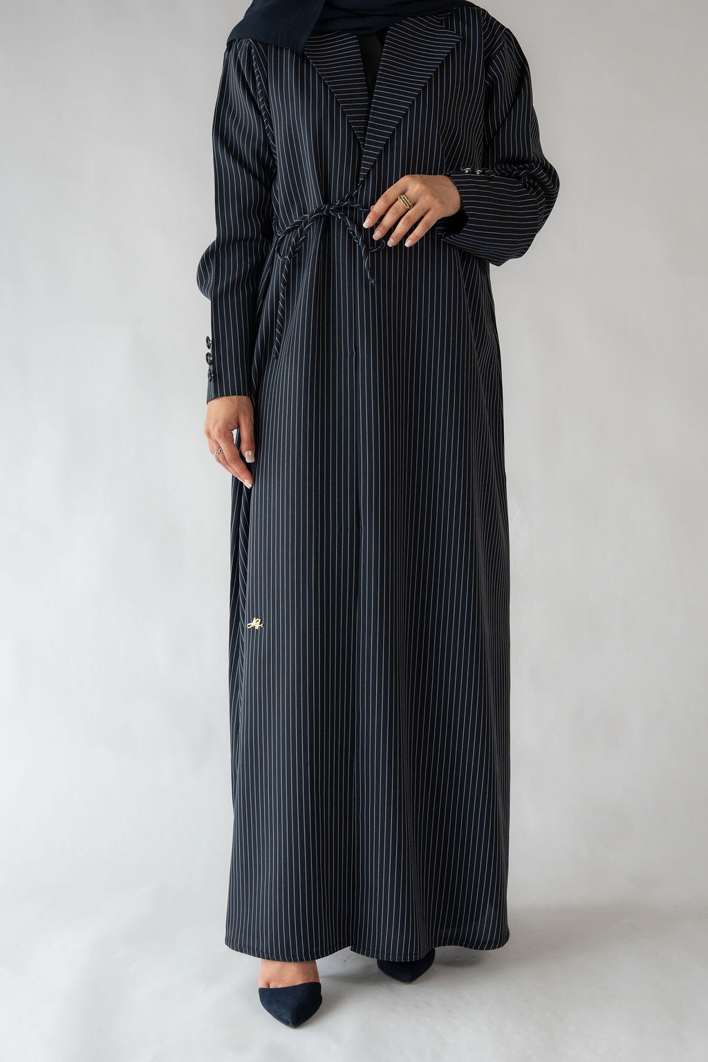 Pinstripe Tie Abaya | Navy Blue