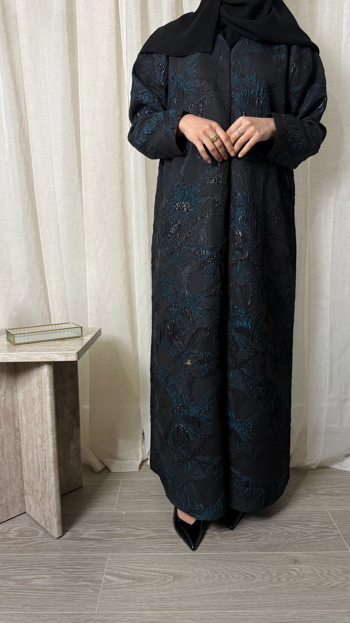Textured Jacquard Abaya | Emerald Noir