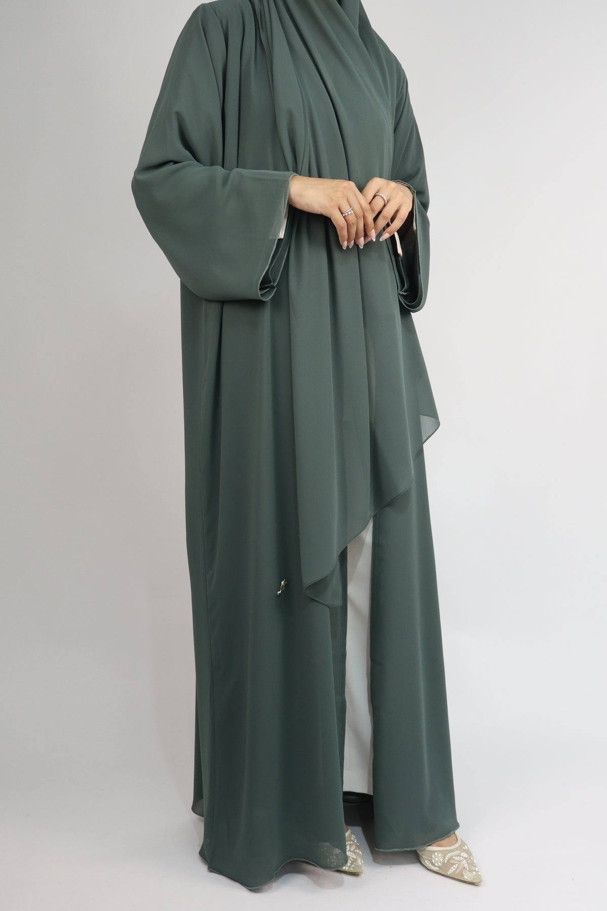 Chiffon Layered Abaya | Deep Sage